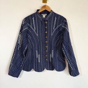 Blutique Embroidered Jacket M Navy White Cotton Art To Wear Boho Western Folk